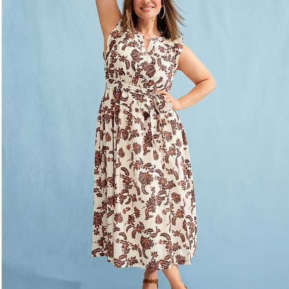 Lane Bryant Dresses & Skirts - Lane Bryant Floral Cotton Midi Dress NWT Ruffle Sleeve Belted Pocket Cream